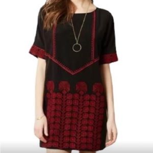 Anthropologie TINY Silk Black and Red Embroidered Mini Dress Size Large